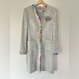 Escada Pastel Tweed Houndstooth Silk‎ Floral Trim Button Front Jacket Size 38